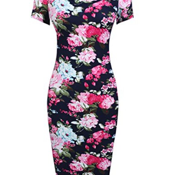 Floral bodycon midi dress, S - vibrant feminine flattering scoop neck dress - Picture 5 of 5
